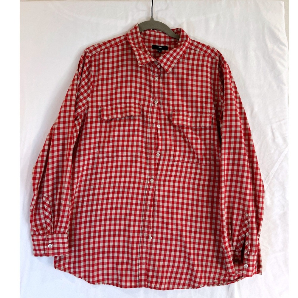 Gap Womens XL Red White Gingham Long Sleeve Button Down Cotton Shirt Pockets